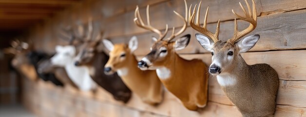 Display of various taxidermy deer heads mounted on wooden wall in rustic setting, showcasing different species and their unique antlers and fur colors