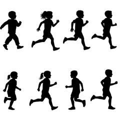 Collection of diverse children silhouettes running joyfully across a white background in dynamic poses