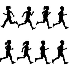 Diverse group of children in silhouette running together in a dynamic line across a white background