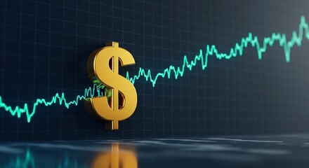 A golden dollar sign is placed in front of a rising stock market graph, symbolizing financial growth and economic prosperity.