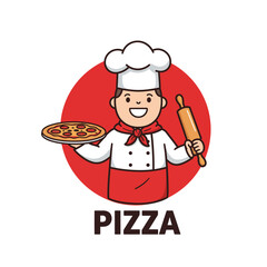 Happy cartoon chef holding a delicious pizza and a rolling pin ready to cook