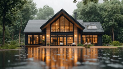 Obraz premium Charming Lakefront Cottage Surrounded by Lush Forest, Inviting Serenity and Natural Beauty Retreat