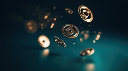 Abstract metallic gears floating against a dark blue background, representing innovation and precision.