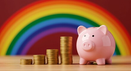Pink piggy bank with growing stacks of gold coins in front of a rainbow.