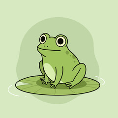 Cute cartoon green frog sitting on a lily pad in a pond with a soft green background
