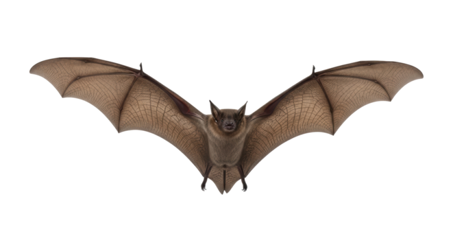 Isolated bat in flying position with its wings spread, front view of an animal in flight