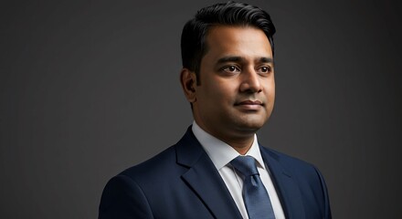 Portrait of a young man in a dark blue suit and tie.