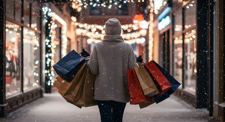 Holiday shopper walks down snowy street with bags, surrounded by festive lights at night