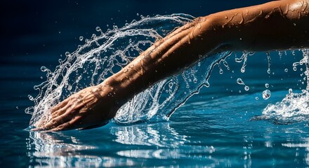 Front View of Professional Athlete Performing Powerful Butterfly Stroke in Competitive Swimming Pool with Splashes and Intense Motion