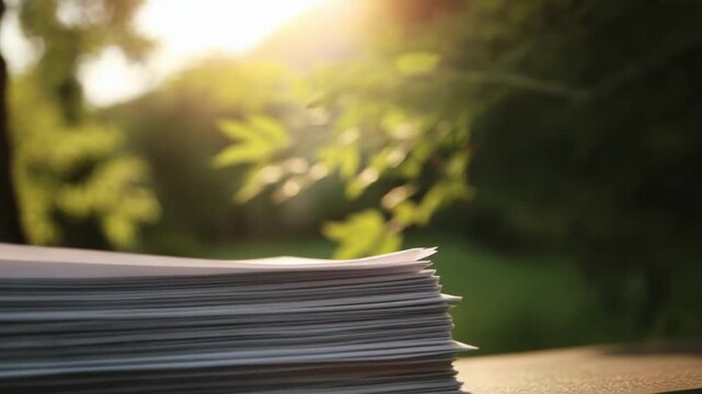 A large stack of papers outdoors bathed in warm sunlight with blurred green trees in the background.