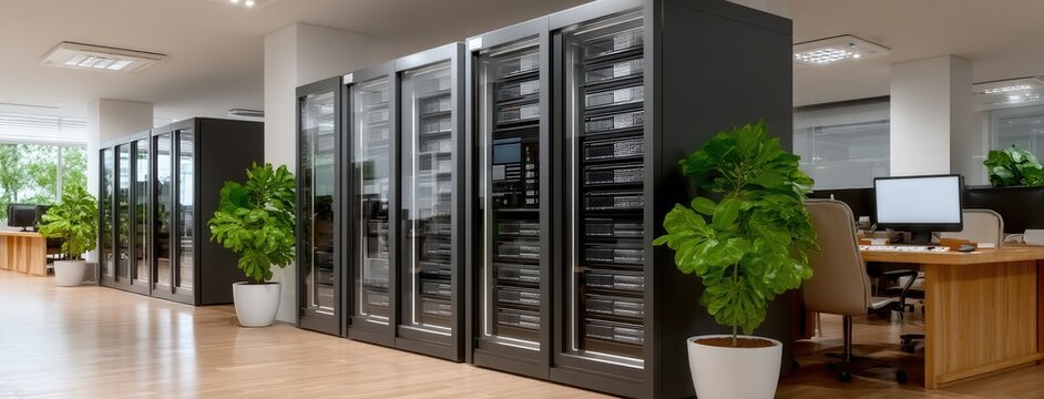Modern office with server racks and computers, featuring greenery for a fresh atmosphere during the day
