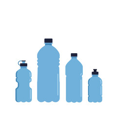 Collection of various sized blue plastic water bottles with dark caps isolated on a white background