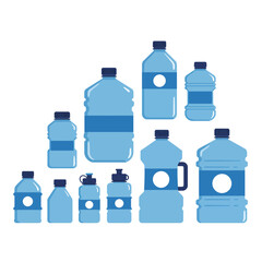 Collection of various sizes of clear blue plastic water bottles with labels on a white background