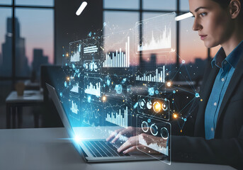 Business person using AI on a laptop. Business AI Collaboration