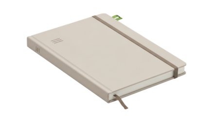 Isolated minimalist beige notebook with elastic band and ribbon bookmark for office stationery