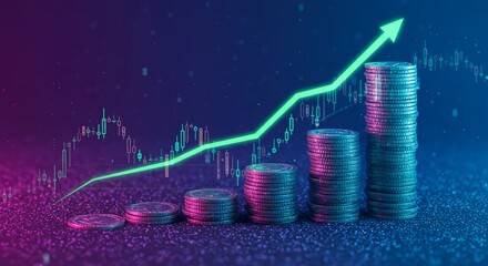 Stacks of coins with an upward-trending green arrow and a financial graph in a neon-lit setting, symbolizing growth and investment.