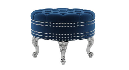 Fototapeta premium Isolated upholstered ottoman seat in blue velvet with silver accents, home furniture