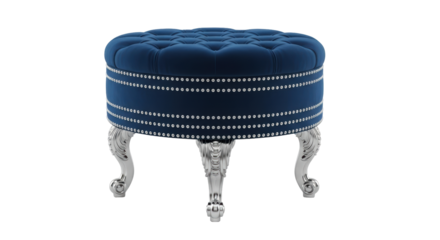 Isolated upholstered ottoman seat in blue velvet with silver accents, home furniture