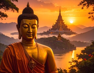 Buddha statue at sunrise over temple