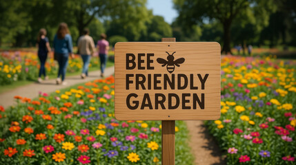 bee friendly garden wooden sign in flower park with colorful blossoms and people walking in background showing pollinator awareness environmental conservation and nature care