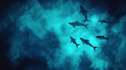 Obraz premium Silhouetted whales swim in a deep blue ocean, surrounded by cloudy water.