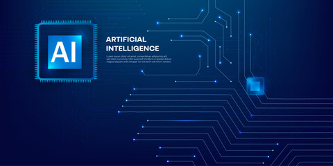 Artificial Intelligence Processor Chip icon with Neon Light Circuit Board and Blue Futuristic Technology Background Illustration