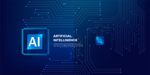 Digital AI Semiconductor with Neon Light Effect on Futuristic Blue Circuit Technology Background