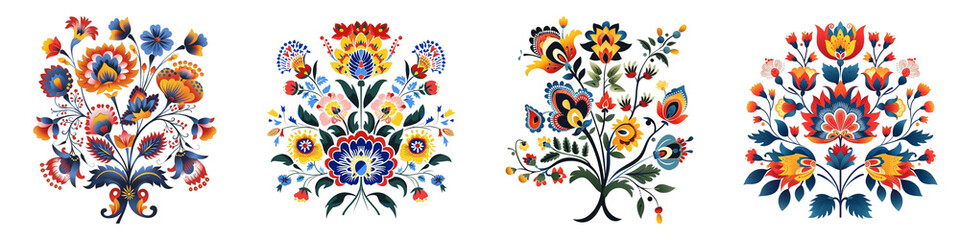 Colorful floral arrangements displaying traditional folk art style motifs patterns © MD