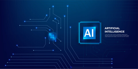 Blue Futuristic Technology Background with AI Semiconductor Chip and Abstract Circuit Board Neon Light