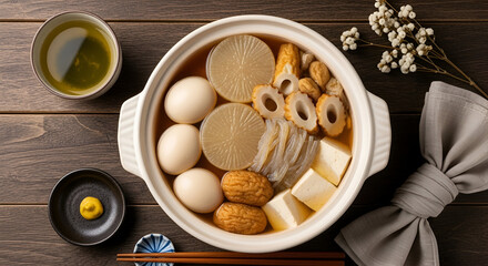 oden hotpot on wood table top view 