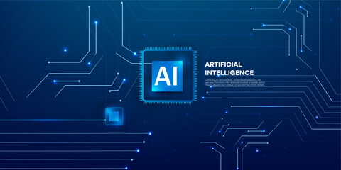 Blue Futuristic Technology Background with AI Semiconductor Chip and Abstract Circuit Board Neon Light