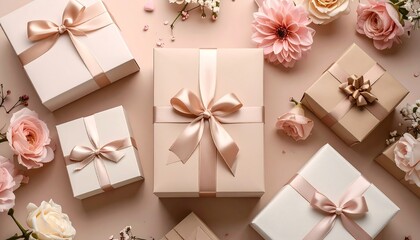 Elegant gift boxes, flowers, pastel