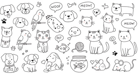 Obraz premium A whimsical collection of monochrome cartoon doodles featuring a variety of popular pets. The set includes a playful dog with a collar and a “woof” bubble, a striped cat announcing “meow,” a rabbit wi