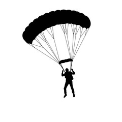 Silhouette of a skydiver descending under a large open parachute against a white background