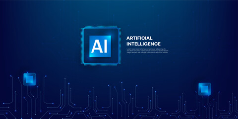 Artificial Intelligence Concept with Neon Glowing AI Chip on Circuit Board in Digital Futuristic Blue Background