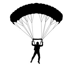 Silhouette of a skydiver descending with a large black parachute against a stark white background