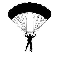 Silhouette of a skydiver descending under a large open parachute against a white background