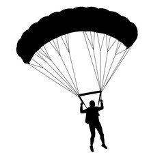 Silhouette of a skydiver with a large parachute descending against a white background