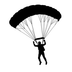 Silhouette of a skydiver descending with a black parachute against a white background