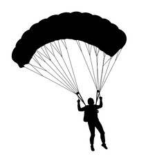 Silhouette of a skydiver descending with a large parachute against a stark white background
