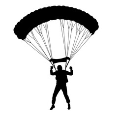 Silhouette of a skydiver in midair with a large open parachute against a white background