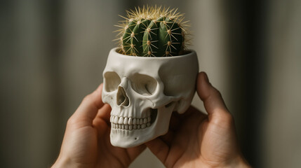 human skull shaped ceramic planter with cactus plant held in hands showing creative home decoration concept with unique dark aesthetic and natural green design