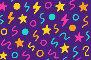 Fototapeta premium A vibrant and playful pattern featuring bright yellow stars, lightning bolts, circles, and squiggly lines in neon pink, orange, and turquoise