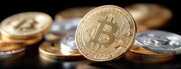 Shiny bitcoin coins are stacked together with silver coins on a dark surface, showcasing digital currency in a modern financial setting