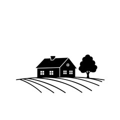 Simple black and white illustration of a rustic farmhouse with a single tree in a field