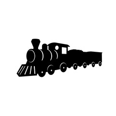 Silhouette of a classic steam locomotive pulling a train of freight cars against a white background