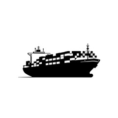 Fototapeta premium Silhouette of a large cargo ship filled with containers sailing on a white background