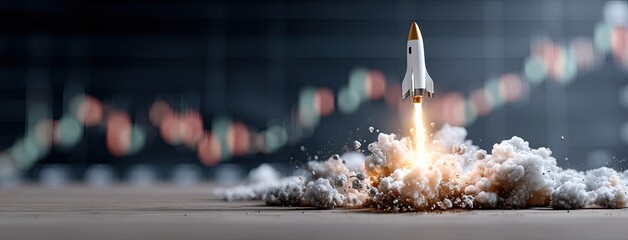Rocket launches with flames and smoke against a background of upward trending stock market graphs and financial data