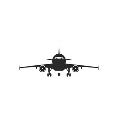 Front view silhouette of a modern passenger jet airplane with landing gear extended against a white background