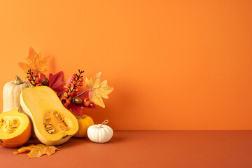 Side view of pumpkins arranged with autumn leaves on an orange background, representing...